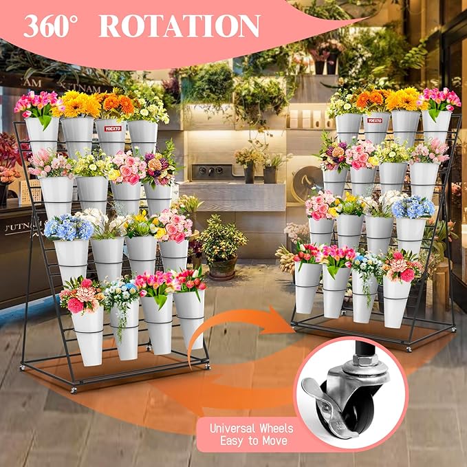 Flower Display Stand with Buckets, 4 Layers 16 PCS Plant Stand with Wheels, Movable Metal Plant Stand for Terrace Garden, Living Room, Florist Shop (Black Frame - White Buckets, 4-Tier)