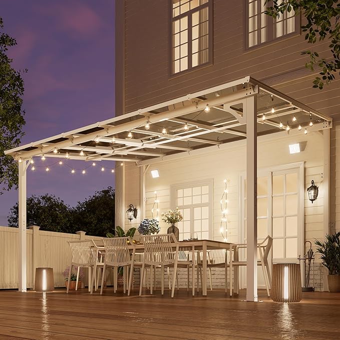 MEISSALIVVE 10' x 12' Wall Mounted Lean to Metal Awnings with Sloped Roof, Outdoor Patio Gazebo Awning for Backyard, Deck, White