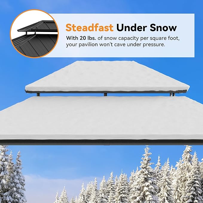 Modern Shade The Horizon Hardtop Gazebo 12' x 14' with 4 LED Lights, Permanent Outdoor Gazebo with Galvanized Steel Double Roof, Grill Pavilion with Decor Hooks, Mosquito Nettings, Black