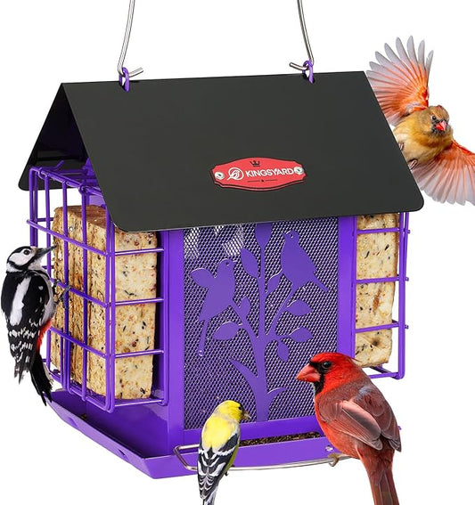 Kingsyard Metal Bird Feeder for Outdoor Hanging, Wild Bird Feeder with Double Suet Cage, Weatherproof Roof and 3 lbs Large Seed Capacity, Purple
