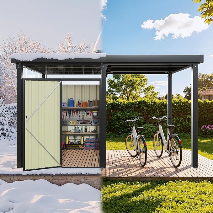 Greesum 2-in-1 Outdoor Storage Shed & Gazebo, 7x8FT Metal Lockable Shed and 7x8FT Open-Sided Pergola, Gutter Design and Transparent Window, for Patio, Garden, Backyard, Gray