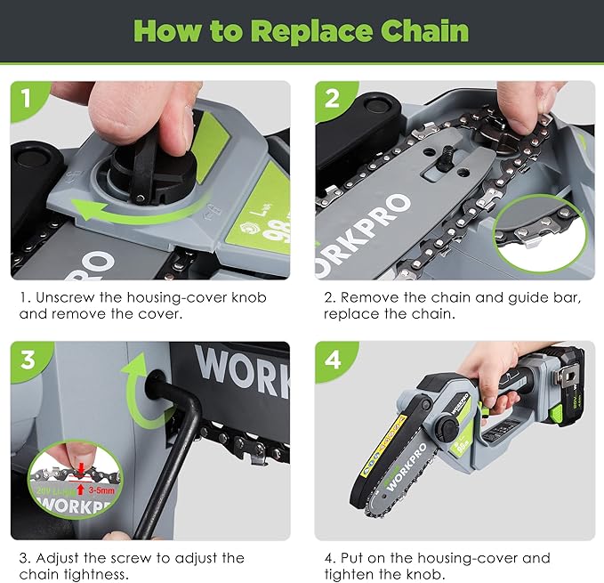 WORKPRO Mini Chainsaw, 6.3“ Brushless Cordless Power Compact Chain Saw with 4.0Ah Battery, 20V One-Hand Operated Portable Wood Saw with Replacement Chain for Garden Tree Branch Pruning, Wood Cutting