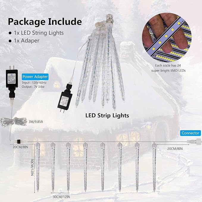 WATERGLIDE Meteor Shower Lights, 12" Outdoor Icicle Christmas Lights 8 Icicles 192 SMD LED Crystal Ice Falling Light, Connectable Raindrop Iciclelight, Xmas Winter Party Tree Holiday Decor, Blue
