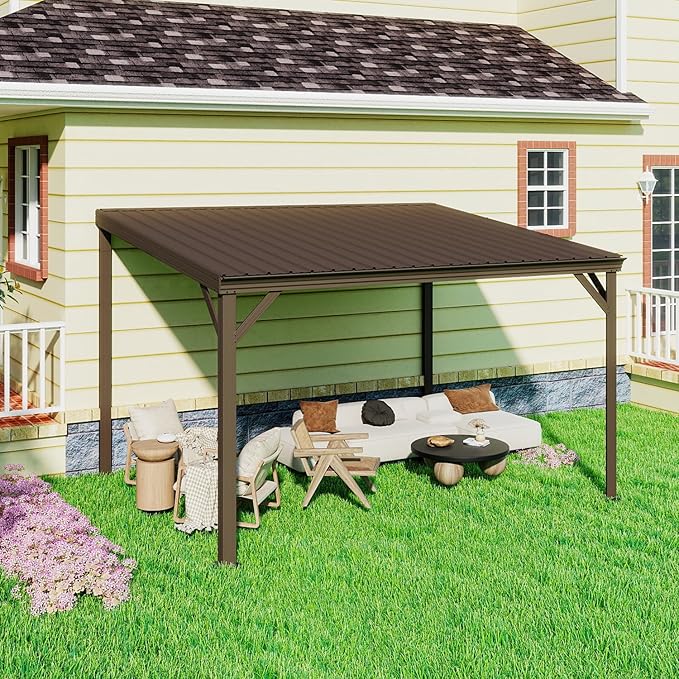 Domi 10’x12’ Wall-Mounted Hardtop Gazebo Pergola – Permanent Lean-to Outdoor Shelter with Sloped Galvanized Steel Roof & Upgraded Drainage – Grey Metal Patio Cover for Backyard, Deck, Garden，Brown