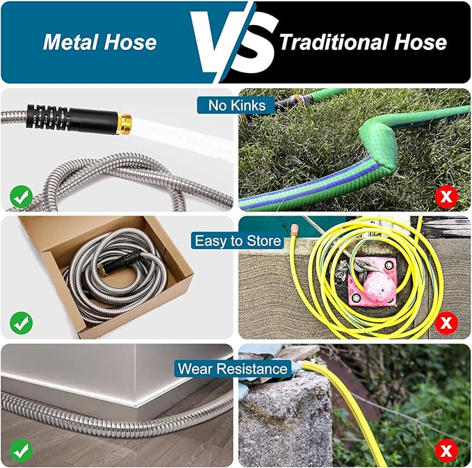 Metal Garden Hose 50 FT, Stainless Steel Hose, Water Hose with 10 Function Nozzle, No Kink & Tangle, Easy to Use & Store, Heavy Duty Lightweight Outdoor Hose