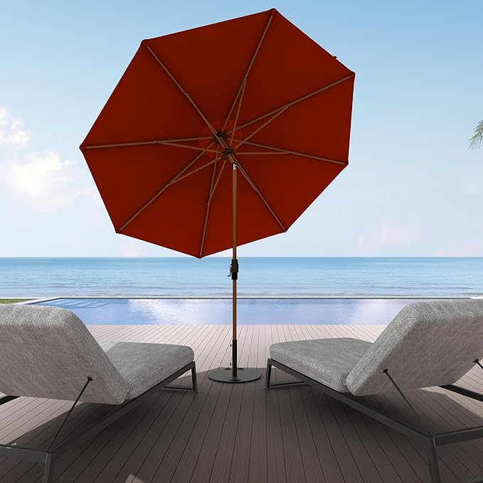 Midtown Umbrellas Sunbrella Umbrella Large Patio Umbrella 2-10 Feet in Sunbrella Red Fabric Auto-Tilt Aluminum Frame Backyard Umbrella, Deck Umbrella, Garden Umbrella & Porch Umbrella - Wooden Pole
