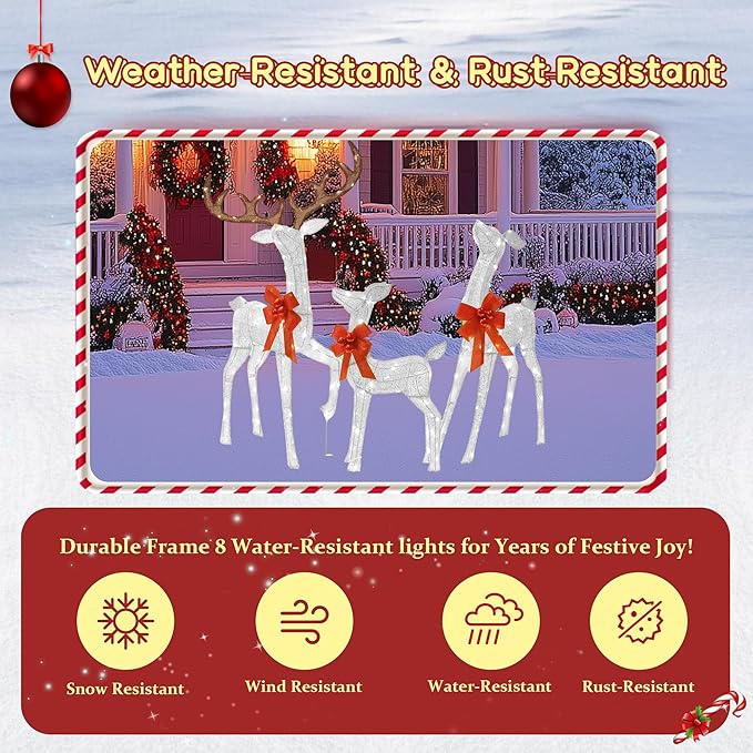3D Reindeer Family Christmas Decor Set 4.5Ft Lighted Christmas Reindeer/Deer Family Set Outdoor Christmas Yard Decorations with Stakes & Zip Ties for Holiday Lawn Patio Party