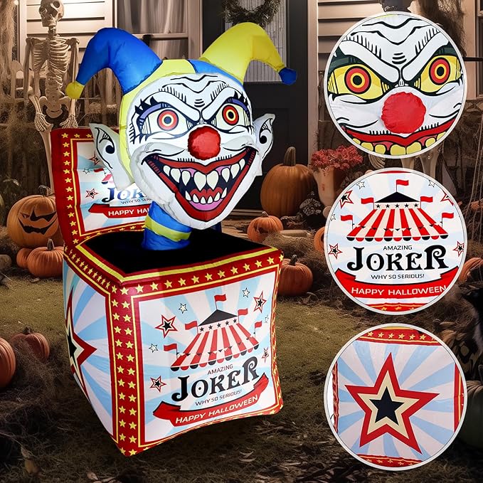 WBHome 5 Ft Halloween Inflatable Circus Clown Box Outdoor Decorations, Blow Up Yard Decor with Built-in LED Light (Plug in) for Lawn Home Party Indoor Outdoor