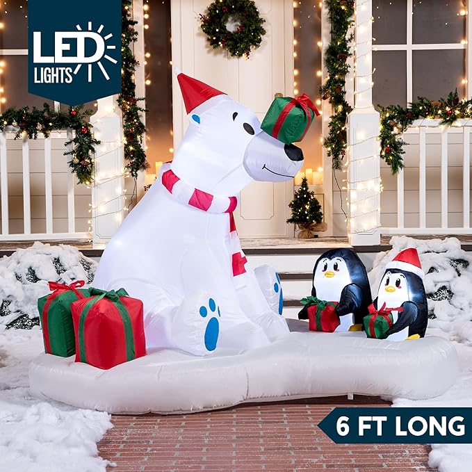 Joiedomi 6 FT Long Christmas Inflatable Decoration Polar Bear & Penguins with Build-in LEDs, Blow Up Inflatable for Christmas Party Indoor, Outdoor, Yard, Garden, Lawn Décor, Holiday Season Decoration