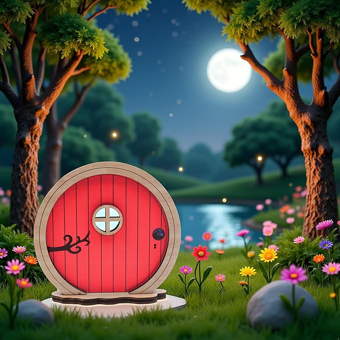 Red Fairy Garden Door,Tree Fairy Doors Decoration for Trees Outdoor and Tree Trunk,DIY Mini Garden Lawn Ornament Decor,Fairytale Tiny House Doors Mini Gift,Buildings and Structures Garden Miniatures