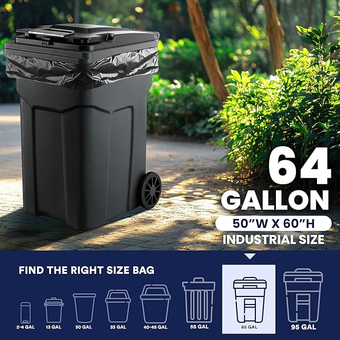 Plasticplace - W65LDBTL2RL 64-65 Gallon Trash Can Liners for Toter │ 2.0 Mil │ Black Heavy Duty Garbage Bags │ Rolls │ 49” x 59” (50 Count)