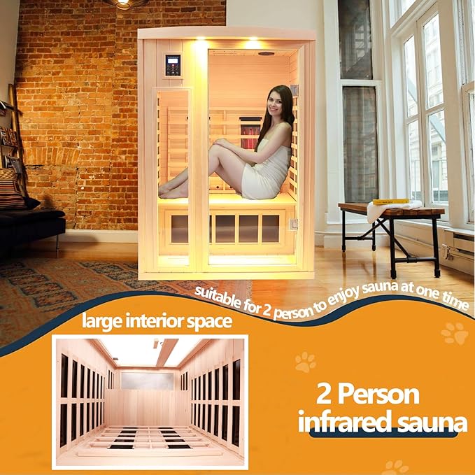Ceramic Infrared Sauna, 2 Person Infrared Saunas for Home, Hemlock Wood Sauna Room, 2 in 1 Indoor Sauna with Low EMF Heaters + Ceramic Heating Cubes-Chromotherapy-Bluetooth Speaker