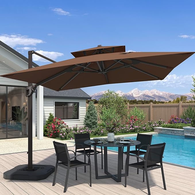10x10 FT Cantilever Patio Umbrella Double Top Outdoor Square Large Heavy Duty Aluminum Offset Umbrellas with 7 Level Tilt 360-degree Rotation for Pool Garden Deck, Brown