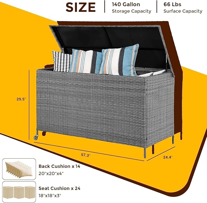 140 Gallon Outdoor Storage Deck Box, Large Rattan Storage Bin Wheel for Patio Cushions, Garden Tools and Pool Supplies, Waterproof, Grey