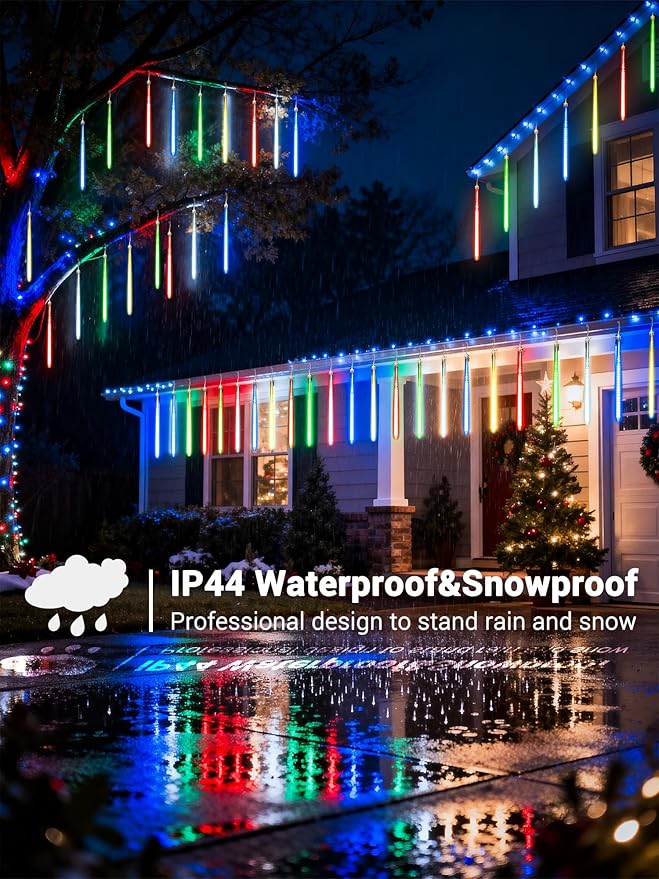 Flacchi Meteor Shower Icicle Lights - 5 Tubes 20" Each 270 LED Cascading Raindrop Lights, Timer Outdoor Waterproof Christmas Decorations for Holiday Party(5 in 1 Multi-Colored)