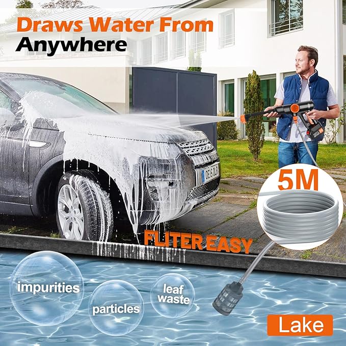 Battery Pressure Washer, Electric Power Washer Cordless, Portable Car Pressure Washer Handheld with 6-in-1 Nozzle,17FT Drain Hose,Power Cleaner for Patio Floor Fence Deck Indoor