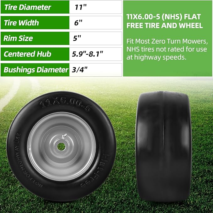 AR-PRO (2-Pack) 11x6.00-5 Flat Free Tire and Wheel - Universal 11x6-5 Solid Rubbe Riding Lawn Mower Tire with Rim - With 5.9"-8.1" Centered Hub and 3/4" Bushings - Fit Most Zero Turn Mowers