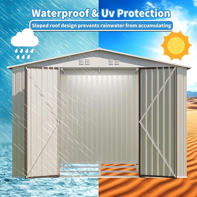 10x8 FT Outdoor Storage Shed with Foundation,Metal Aluminum Tool Sheds,Heavy-Duty Sheds with Sloped Roof, Air Vent and Hinge Doors,Garden Shed Bike Shed for Backyard Patio Lawn,Cream White