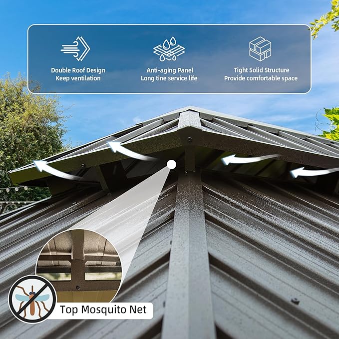 Domi Outdoor Living 14’x20’ Hardtop Gazebo, Wooden Coated Aluminum Frame Canopy with Galvanized Steel Double Roof, Outdoor Permanent Metal Pavilion with Curtains and Netting for Patio, Deck and Lawn