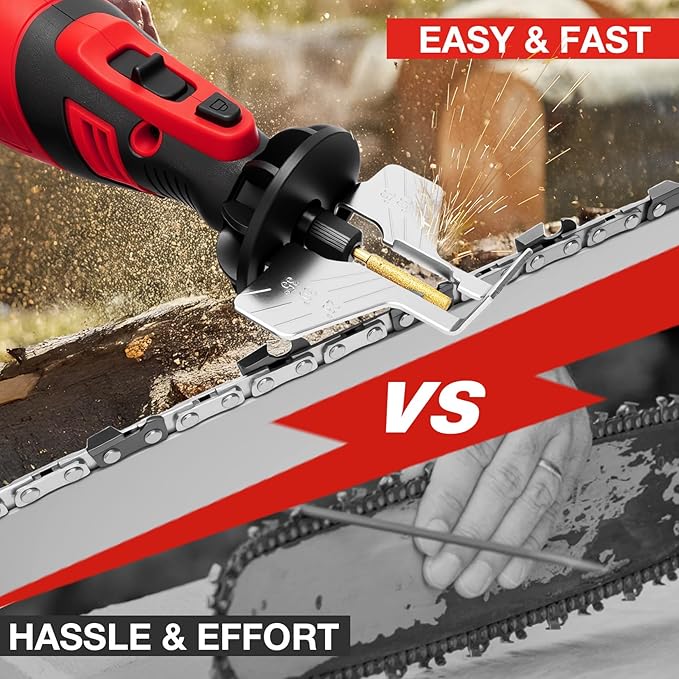 SHALL Electric Cordless Chainsaw Sharpener Kit, with 6 Titanium-Coated Diamond Drill Bits and Angle Guide, for All Chainsaws Chains