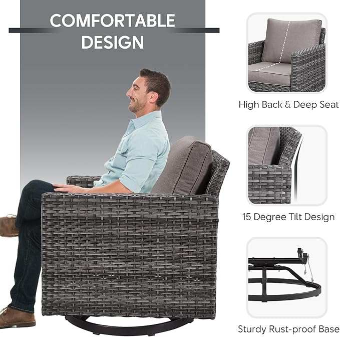 6 Piece Wicker Patio Furniture Set - Outdoor Swivel Rocker Chairs Set with Coffee Table, 3 Seat Sofa & Ottomans, Small Patio Conversation Sets Proch Furniture for Balcony Deck - Grey/Grey