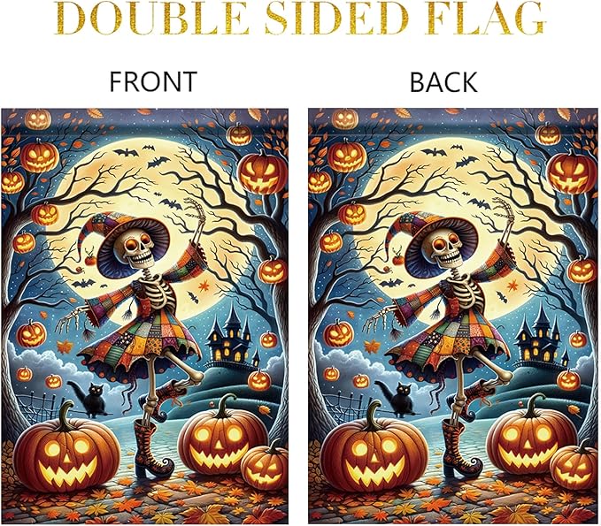 Halloween Garden Flag Skeleton Witch Pumpkin Flag 12x18 Inch Double Sided Fall Halloween Outdoor Decoration Haunted House Party Decor Seasonal Autumn Yard Banner for Home Lawn Patio