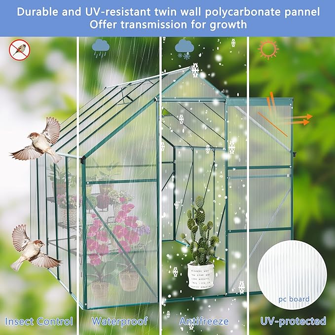 Favfurish 6X10 FT All Season Heavy Duty Walk-in Greenhouses, Outdoor Polycarbonate Plants Green House for Backyard Garden, Sliding Door Raised Base Anchor Aluminum, Green