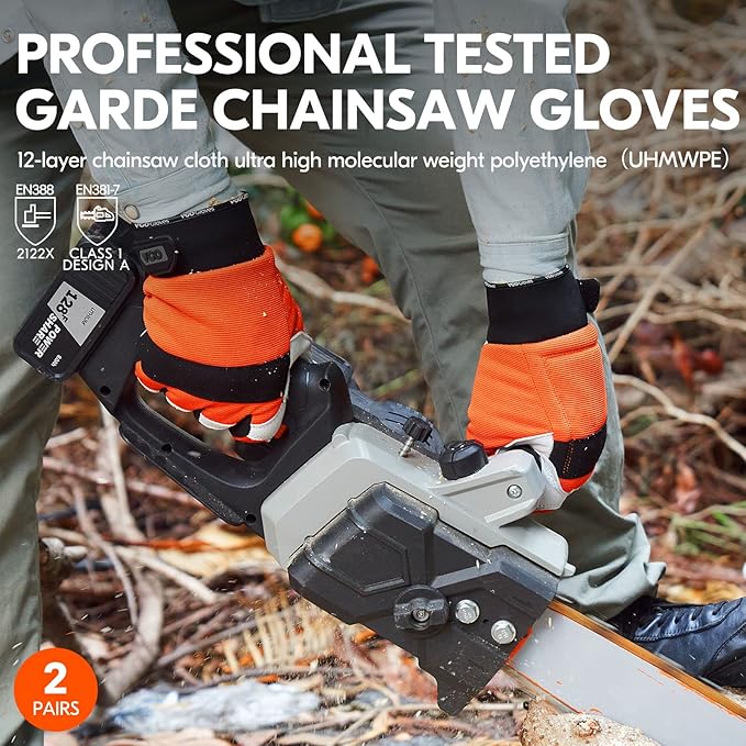Vgo... 2-Pairs Chainsaw Gloves,Saw Protection on Left Hand Back,Goat Leather(XXL,Orange,GA8912)