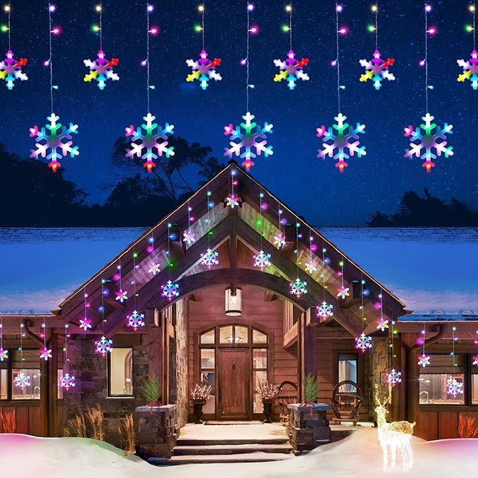 Christmas Snowflake Lights Outdoor, 16.73ft Outdoor Led Icicle Christmas Lights with 20 Drops, Waterproof Icicle String Light for Eaves, Window, Curtain Xmas Decorate