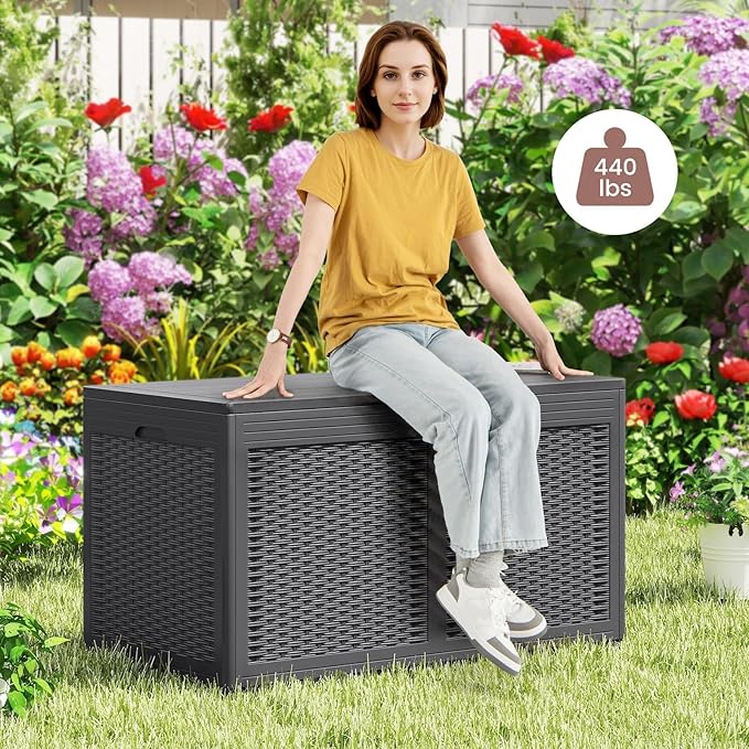 HAPPYGRILL 100 Gallon Resin Deck Box Outdoor Waterproof Storage with Lockable Lid, Rattan Texture Storage Container with Wheels for Pool Accessories, Garden Tool, Patio Furniture Cushion (Grey)