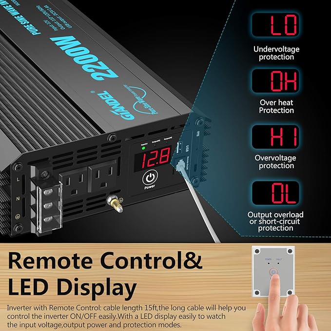 GIANDEL Pure Sine Wave Power Inverter 2200Watt ETL UL458 Listed DC 12V to 120 Vac with 20 Amps Hardwire Blocks & 15FT Wired Remote for RVs Truck Boat Off Grid Solar Emergency【3 YRS Warranty】