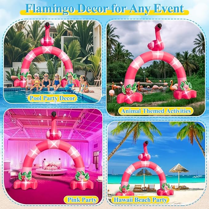 Eyourlife 12FT Pink Flamingo Inflatable Arch,Giant Fall Inflatable Flamingo Outdoor Decor,Blow-Up Flamingo with 1Blower 6LED Lights and 2Hawaiian Leis for Summer Yard Garden Birthday Luau Beach Party