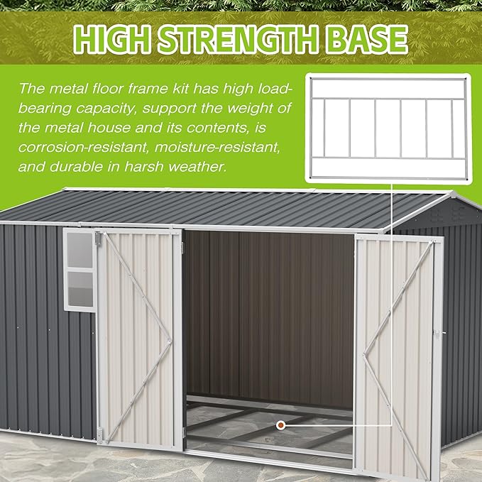8×12 Ft Metal Outdoor Storage Shed with Floor Base and Window, 0.25mm Galvanized Steel Metal Garden Shed Waterproof with Lockable Door for Backyard, Patio, Garden, Dark Grey