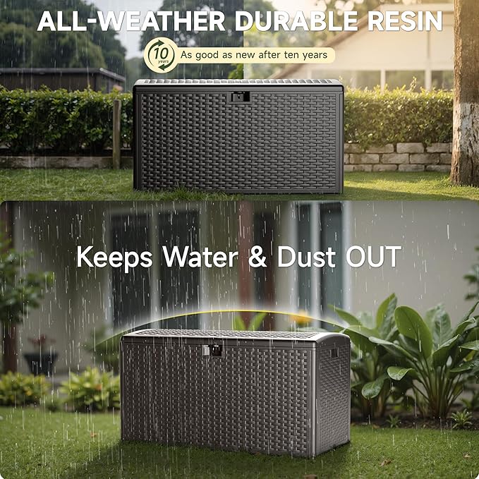 73-Gallon All-Weather Deck Box, Lockable Waterproof Resin Storage with UV Resistance for Patio Furniture, Garden Tools, and Pool Accessories (Brown)