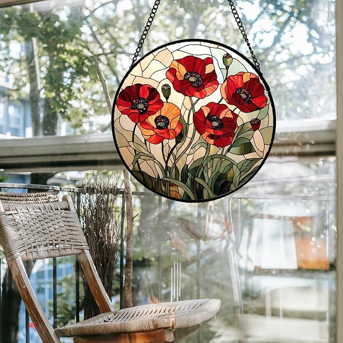 Stained Glass Window Hanging - Red Wildflowers Suncatcher for Door Garden Yard Flowers Sun Catchers Decor Christmas Mother's Day Birthday Gifts for Women Mom Nana Friend Men 15 in