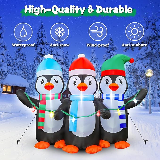 FunFanso 6 FT Christmas Inflatable Penguin Decoration, Blow up 3 Cute Penguins, Blowsup Decor, Built-in Bright LED Lights, Festival Decorations for Christmas Party Outdoor Yard Patio Garden Lawn Décor