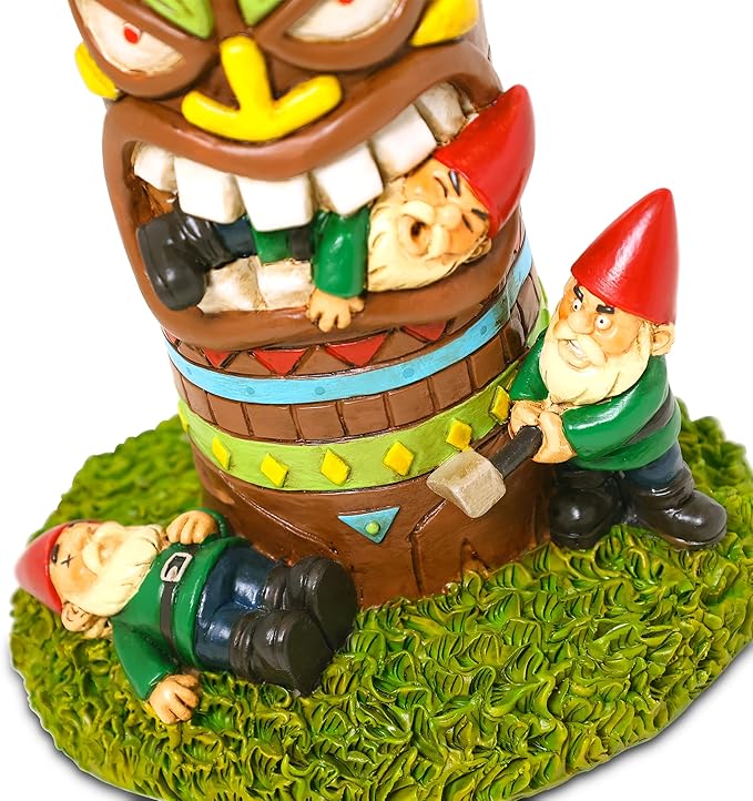 Tiki Battle Gnome Garden Statue – 9" Hilarious Resin Yard Decor – Hand-Painted Gnomes vs. Tiki Totem Outdoor Sculpture – Durable & Weather-Resistant for Indoor/Outdoor Use