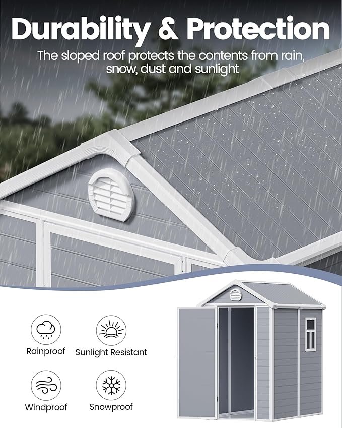 6x4.5 FT Plastic Sheds & Outdoor Storage, UV Resistant Storage Sheds Outdoor with Floor and Window, All-Weather Garden Resin Tool Shed for Lawn Mower, Yard Tools, Bike, Light Grey