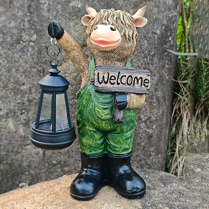 Solar Garden Decor Statues: Handmade Resin Statue with LED Light,Highland Cow Figurine Outdoor Garden Decor Unique Gifts for Women, Mom, Grandma (Green cow1)