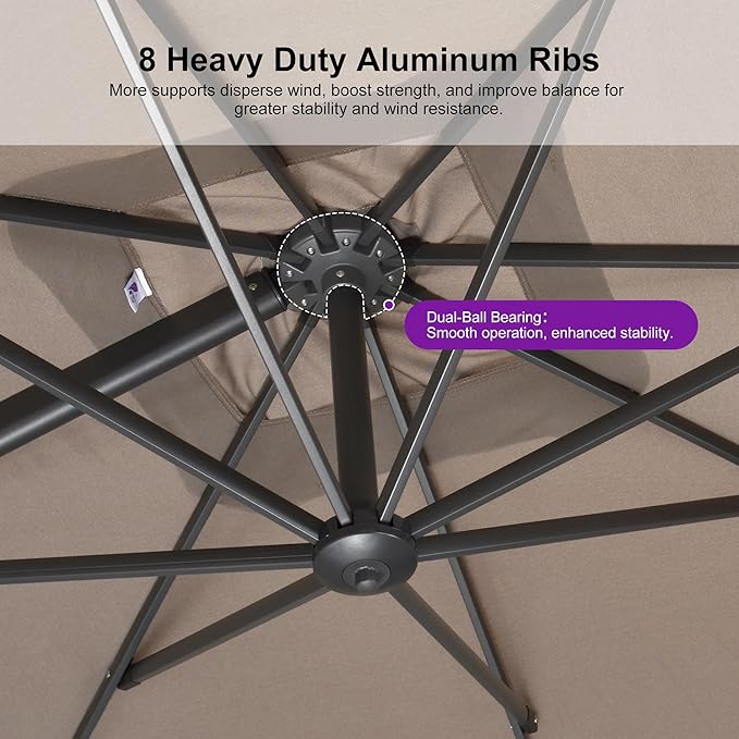 PURPLE LEAF 9 FT Outdoor Umbrella with Base Patio Cantilever Aluminum Umbrella with 3 Years Fade Resistance Recycled Fabric Offset Square with 360-degree Rotation for Deck Pool Garden, Ash Mocha