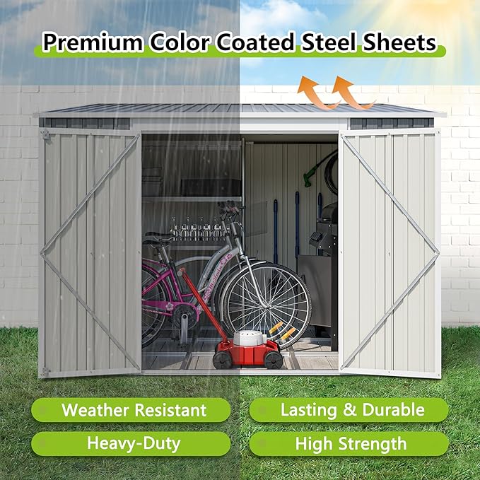 6x8FT Lean to Sheds Metal Outdoor Storage Shed with Floor Frame,Large Tool&Lawn Mower Shed with Two Lockable Doors for Garden Backyard Patio Storage,Outside Waterproof Storage Shed