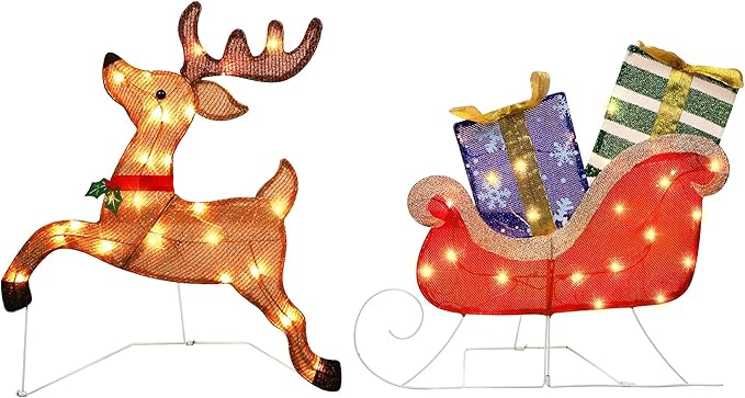 Prsildan Christmas Lighted Decoration 25" x 44" Reindeer, 50 Lights Christmas Reindeer with Sleigh & Gift Boxes, Light up Decorations for Indoor Outdoor Home Kitchen Yard Garden Holiday Party