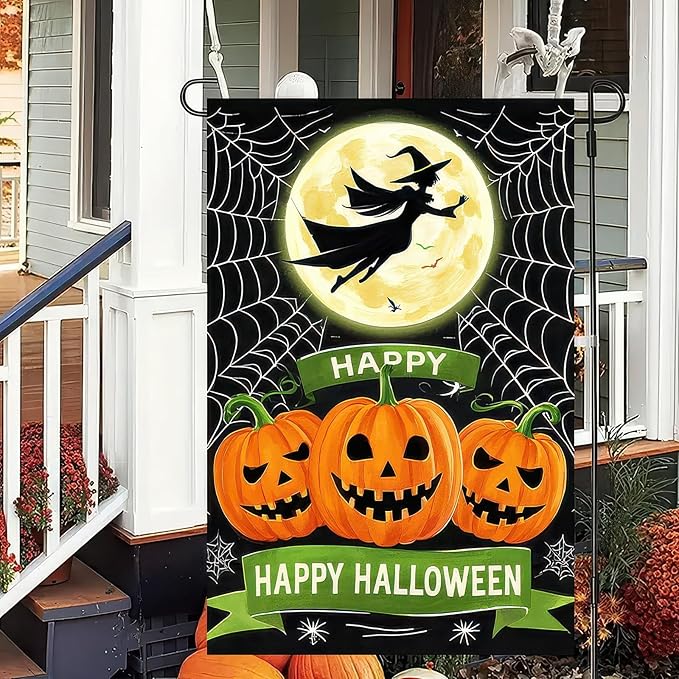 Happy Halloween Garden Flag 12x18 Inch Double Sided Witch Flying Over Moon Pumpkin Flags Spider Web Small Yard Flag for Halloween Outdoor Lawn Decoration