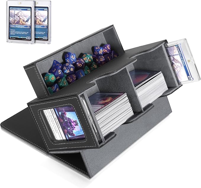 MTG Deck Box, MTG Commander Card Deck Box with Commander Display, Fits 250+ Single Sleeved, Double Card Storage Box with Dice Tray, Magnetic Card Storage Case for CCG TCG Sports Cards, Black Grey