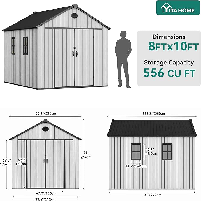 YITAHOME 8x10 FT Outdoor Storage Shed with Floor, Plastic Garden Shed for Bikes, Tools, Supplies, Waterproof Resin Shed with Lockable Doors, 2 Windows & 2 Vents for Patio, Backyard, 556 cu. Ft., Gray