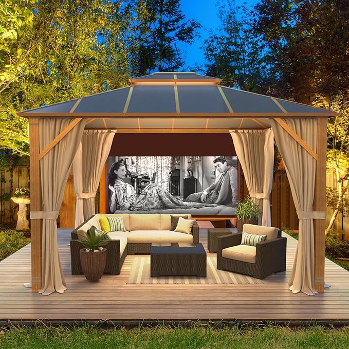 MELLCOM 10x12FT Hardtop Gazebo, Wooden Finish Coated Aluminum Patio Gazebo with Aluminum Composite Double Roof for Patio Lawn and Garden, Curtains and Netting Included