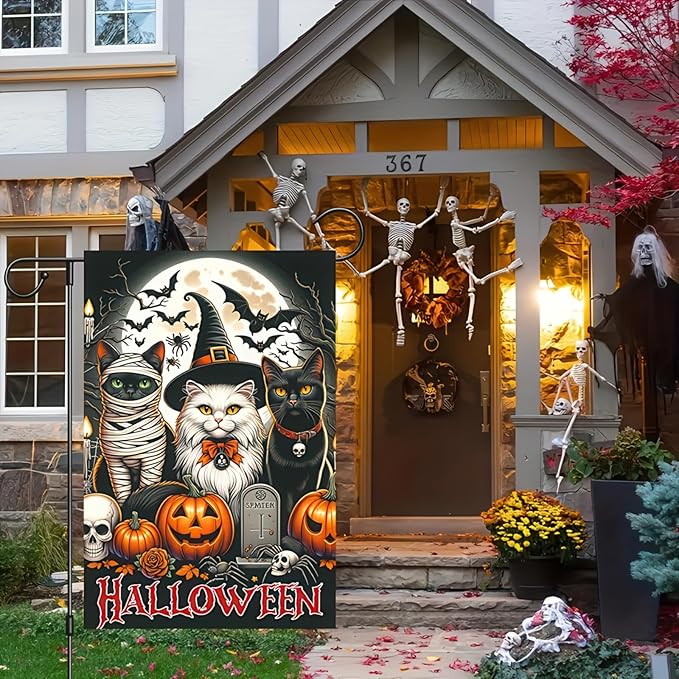 Halloween Garden Flag Double Sided 12x18 - Black Cat Spooky Themed Wall Art With Witch, Mummy, and Cats - Halloween Party Home Decoration and Seasonal Gifts - Lawn Yard Outdoor