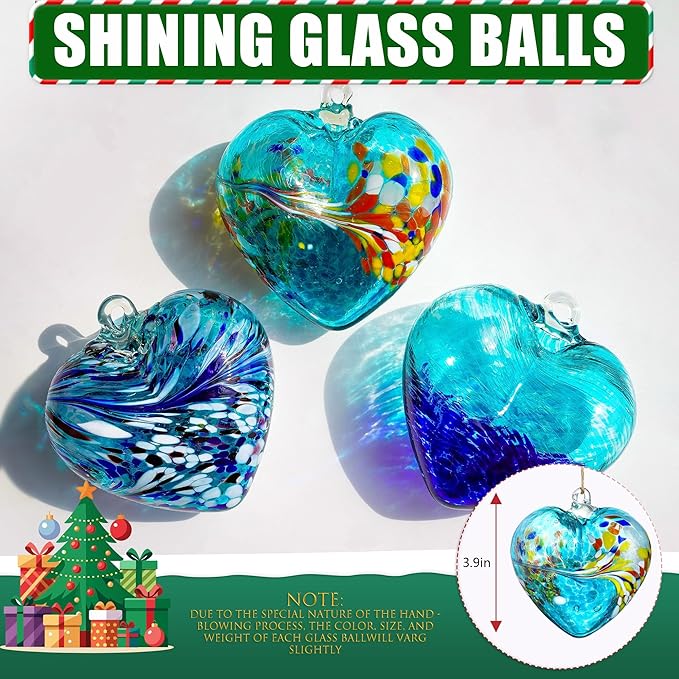 Blue Heart Hand Blown Glass Gazing Balls for Garden Hanging Friendship Balls Christmas Ball Ornaments for Xmas Tree Decoration (Blue - B)