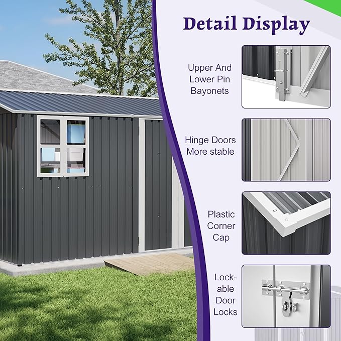 10X8FT Outdoor Steel Storage Shed with Clear Window, Lockable Doors, Weather-Resistant Metal Tool Shed for Garden, Backyard, Patio, and Utility Storage,Gray
