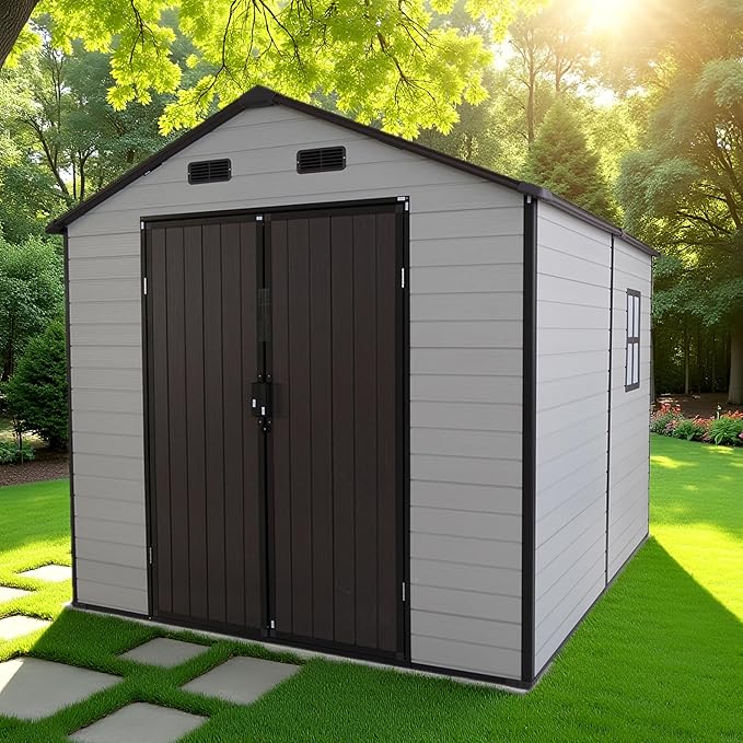 LANTRO JS Outdoor Storage Shed, 8x8x7.6FT Plastic Storage Shed with 2 Windows and Strong Aluminum Frame for Garden Tools, Bike, Lawnmower, White and Brown